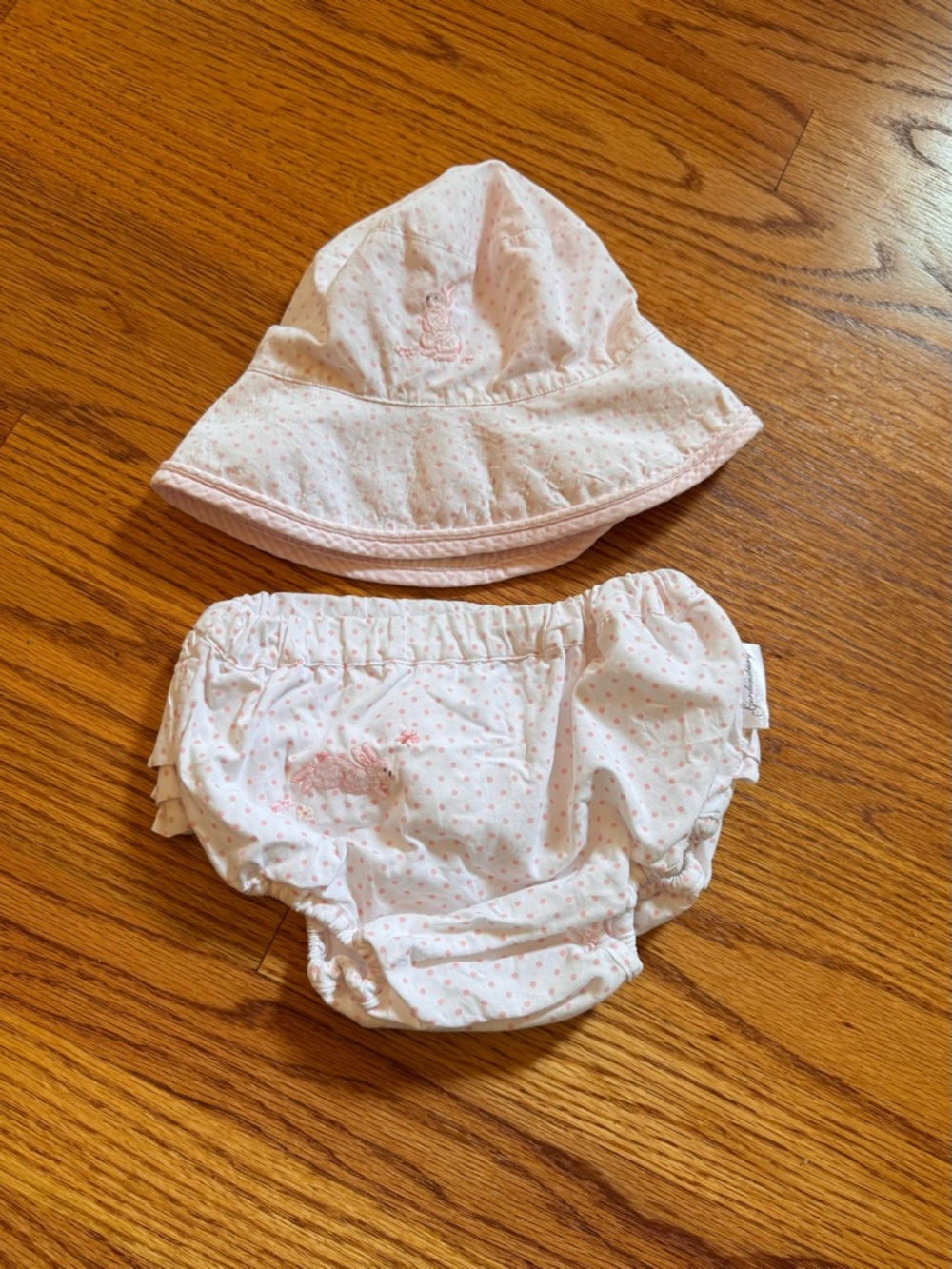 Hand Embroidered Bunny Baby Girl 6 - 12 Month Sun Hat & Bloomers